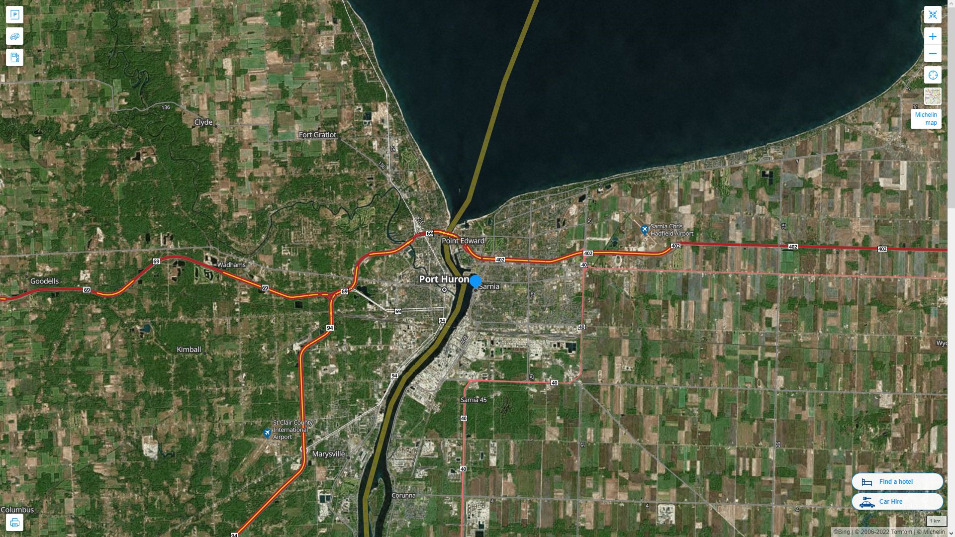 Sarnia Canada Autoroute et carte routiere avec vue satellite